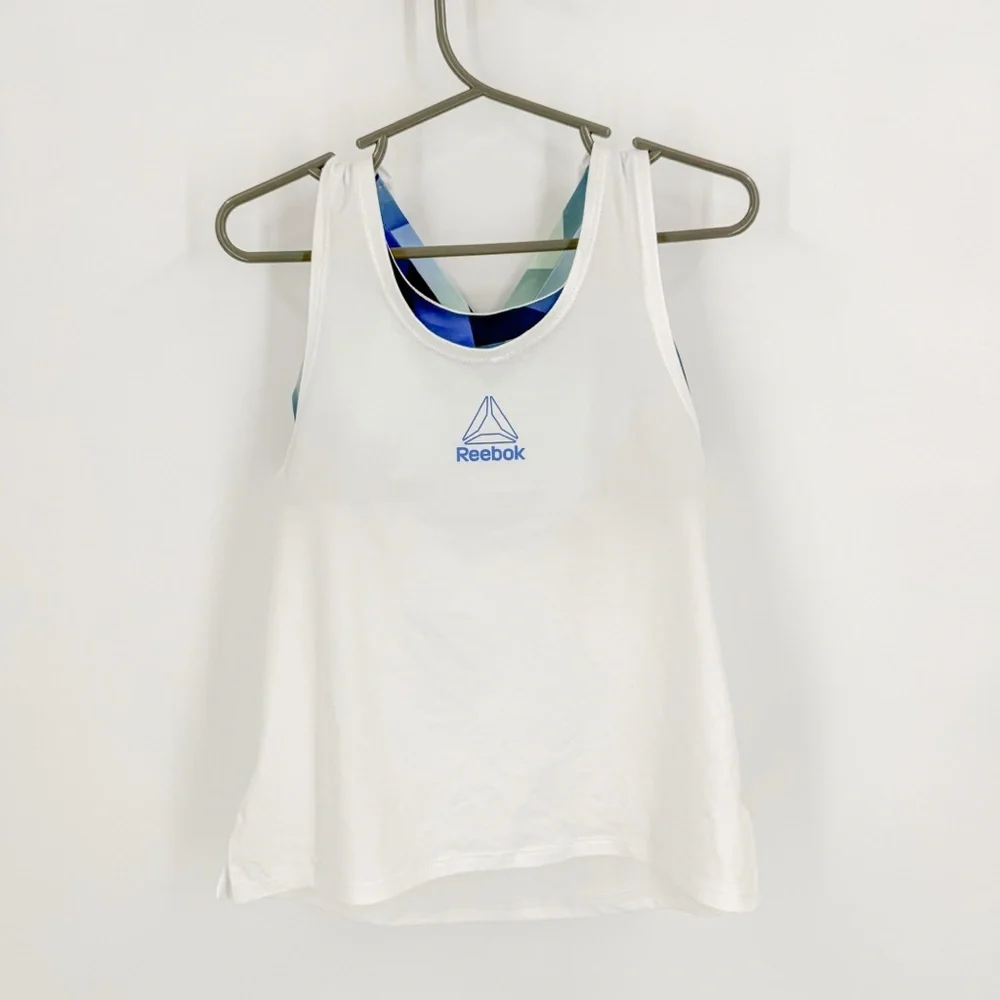 Reebok White and Blue Tank Top with Breathable Fabric